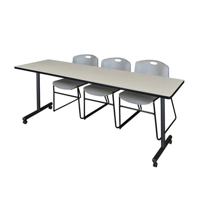 84 x 24 in. Mobile T-Base Training Table- Maple, 2 Zeng Stack Chairs- Grey