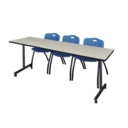 84 x 24 in. Mobile T-Base Training Table- Maple, 2 M Stack Chairs- Blue
