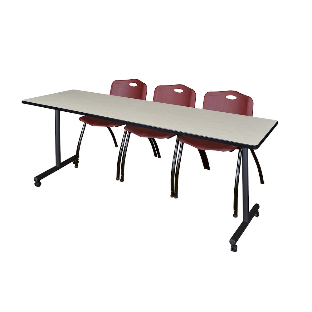 84 x 24 in. Mobile T-Base Training Table- Maple, 2 M Stack Chairs- Burgundy