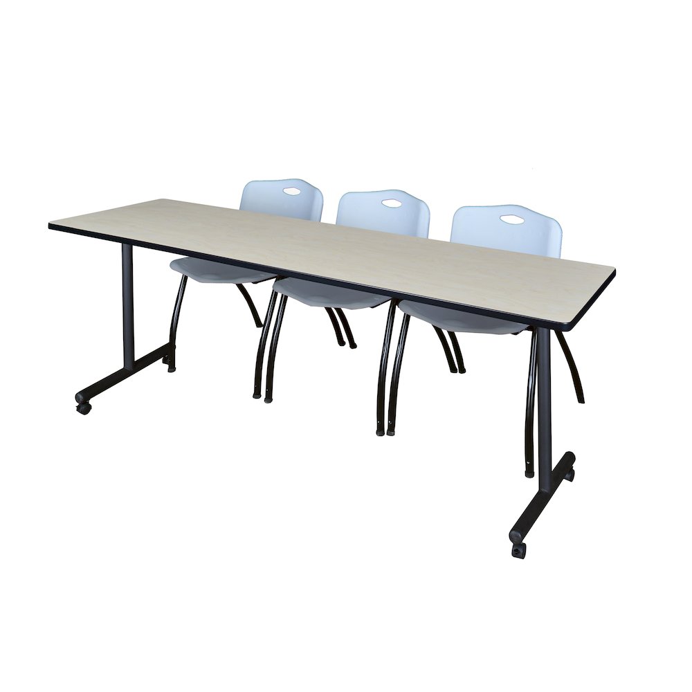 84 x 24 in. Mobile T-Base Training Table- Maple, 2 M Stack Chairs- Grey