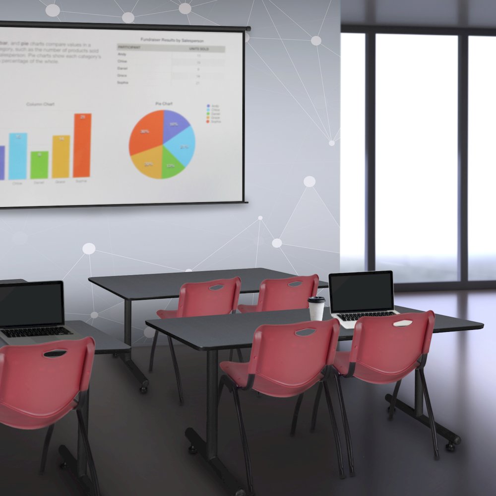 48 x 24 in. T-Base Training Seminar Table- Grey, 2 M Stack Chairs- Burgundy