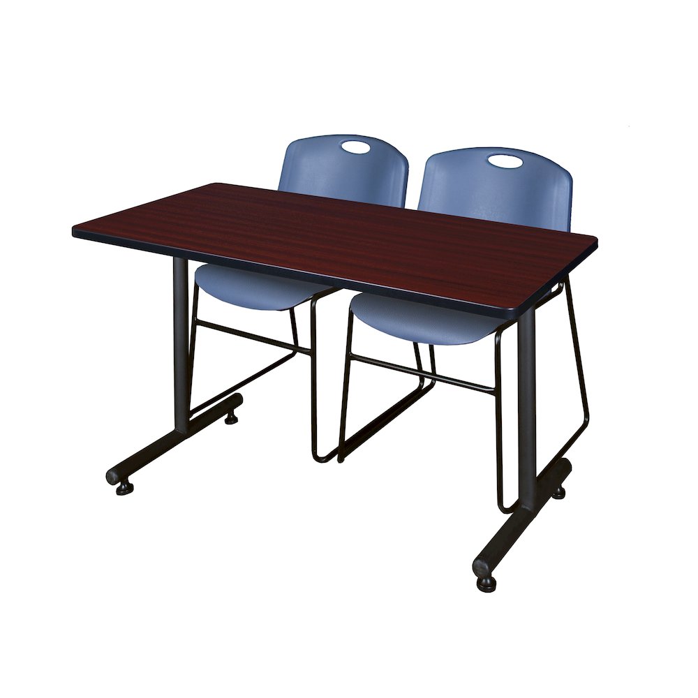 48 x 24 in. T-Base Training Seminar Table- Mahogany, 2 Zeng Stack Chairs- Blue