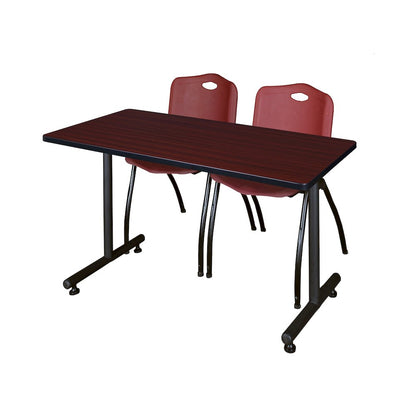 48 x 24 in. T-Base Training Seminar Table- Mahogany, 2 M Stack Chairs- Burgundy