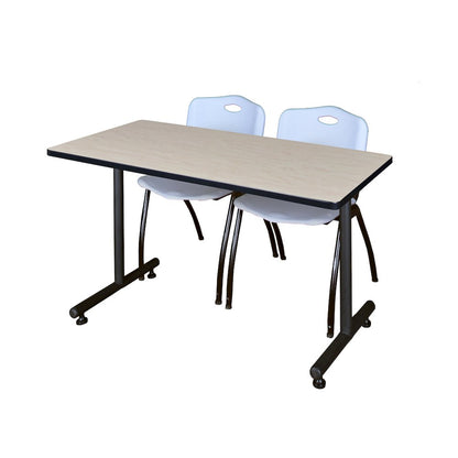 48 x 24 in. T-Base Training Seminar Table- Maple, 2 M Stack Chairs- Grey