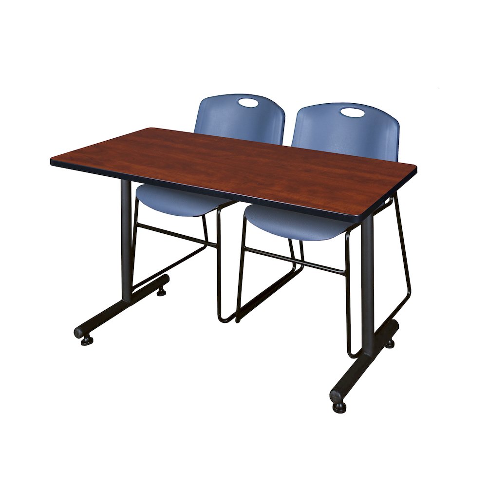 48 x 30 in. T-Base Training Seminar Table- Cherry, 2 Zeng Stack Chairs- Blue