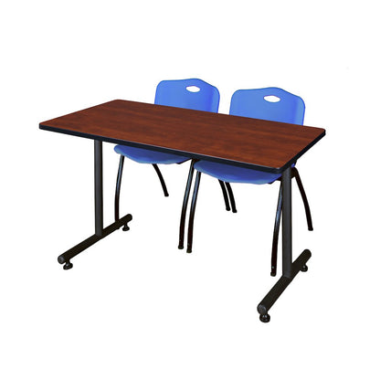 48 x 30 in. T-Base Training Seminar Table- Cherry, 2 M Stack Chairs- Blue