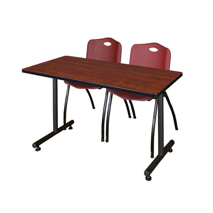 48 x 30 in. T-Base Training Seminar Table- Cherry, 2 M Stack Chairs- Burgundy