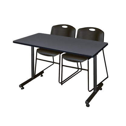48 x 30 in. T-Base Training Seminar Table- Grey, 2 Zeng Stack Chairs- Black