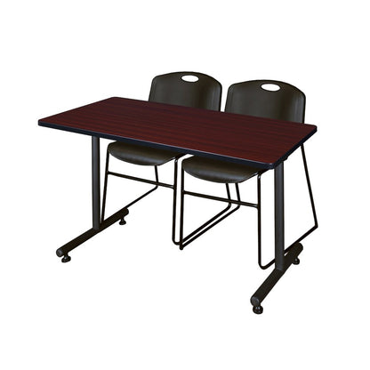 48 x 30 in. T-Base Training Seminar Table- Mahogany, 2 Zeng Stack Chairs- Black