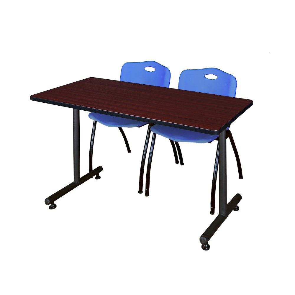 48 x 30 in. T-Base Training Seminar Table- Mahogany, 2 M Stack Chairs- Blue