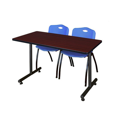 48 x 30 in. T-Base Training Seminar Table- Mahogany, 2 M Stack Chairs- Blue