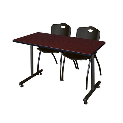 48 x 30 in. T-Base Training Seminar Table- Mahogany, 2 M Stack Chairs- Black