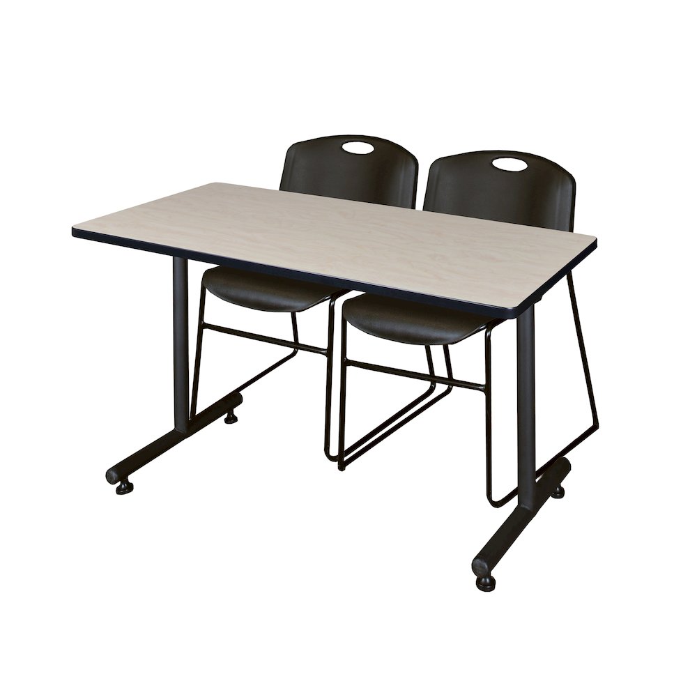 48 x 30 in. T-Base Training Seminar Table- Maple, 2 Zeng Stack Chairs- Black