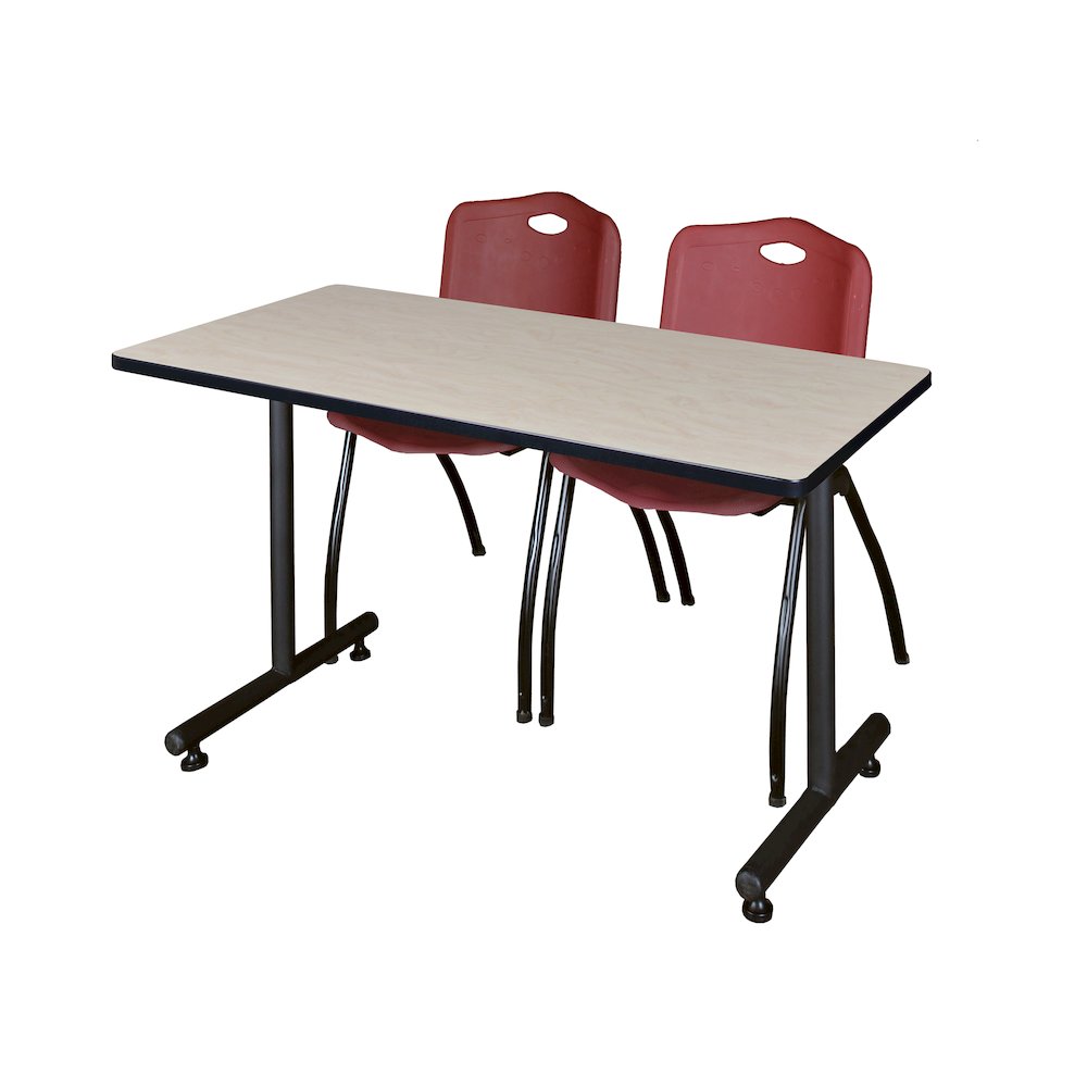 48 x 30 in. T-Base Training Seminar Table- Maple, 2 M Stack Chairs- Burgundy