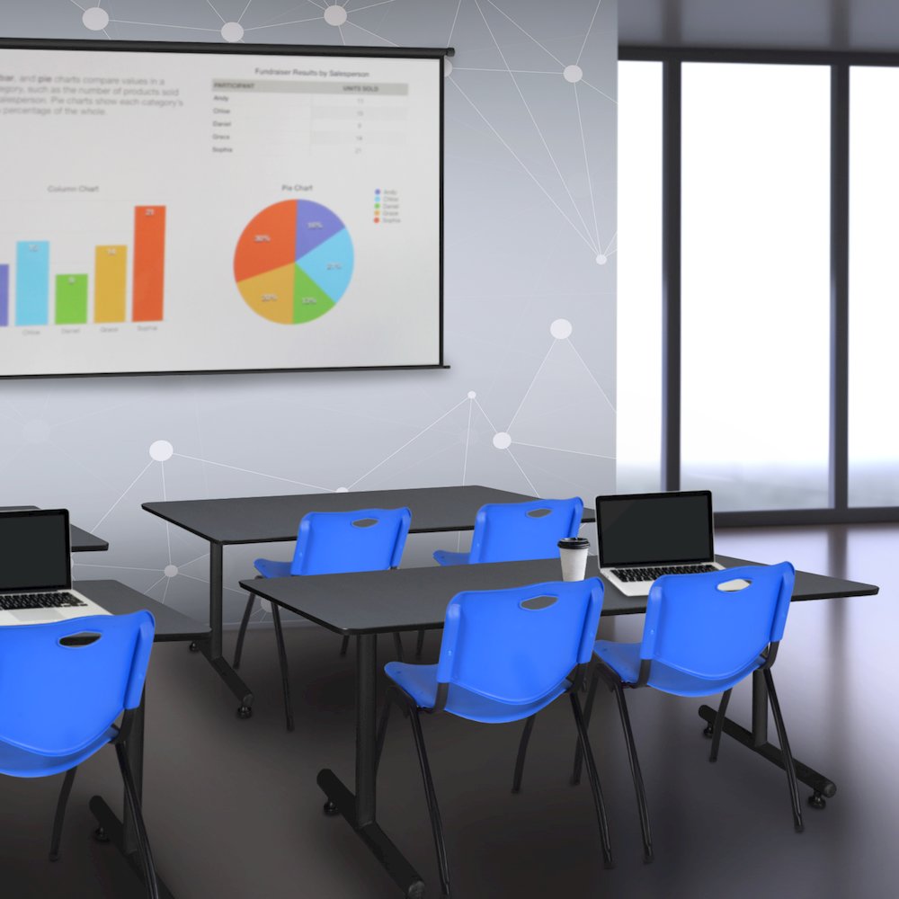 60 x 24 in. T-Base Training Seminar Table- Grey, 2 M Stack Chairs- Blue