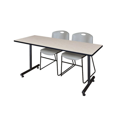 60 x 24 in. T-Base Training Seminar Table- Maple, 2 Zeng Stack Chairs- Grey