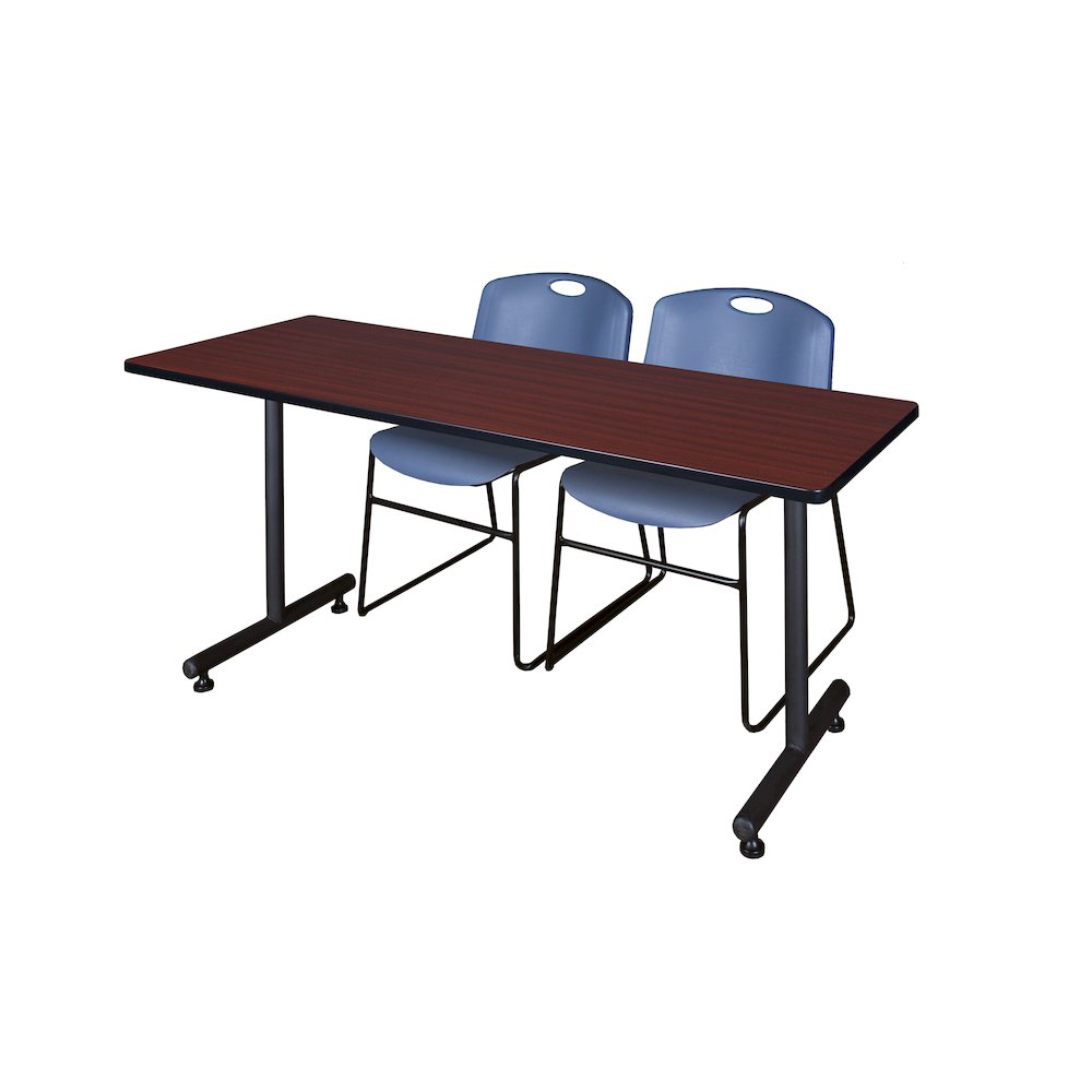 60 x 30 in. T-Base Training Seminar Table- Mahogany, 2 Zeng Stack Chairs- Blue