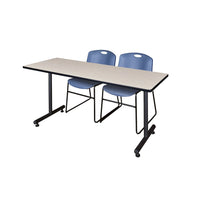 66 x 24 in. T-Base Training Seminar Table- Maple, 2 Zeng Stack Chairs- Blue
