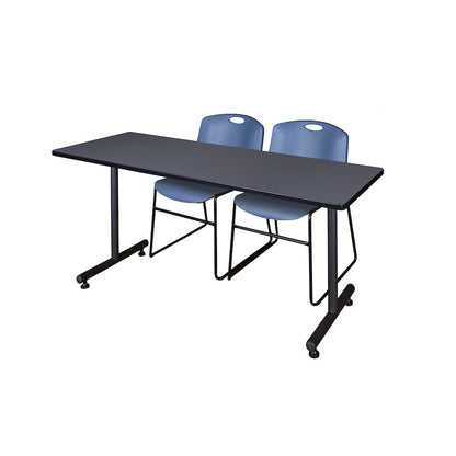 66 x 30 in. T-Base Training Seminar Table- Grey, 2 Zeng Stack Chairs- Blue