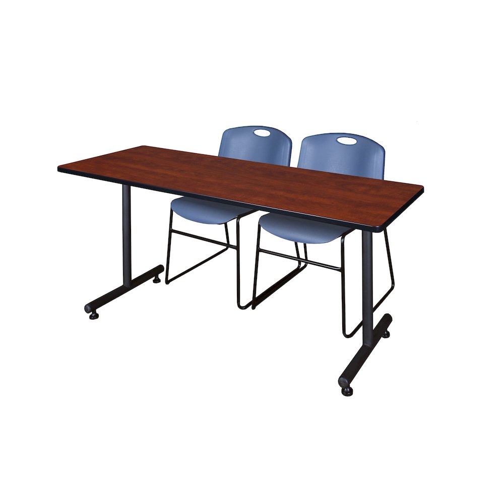 72 x 24 in. T-Base Training Seminar Table- Cherry, 2 Zeng Stack Chairs- Blue