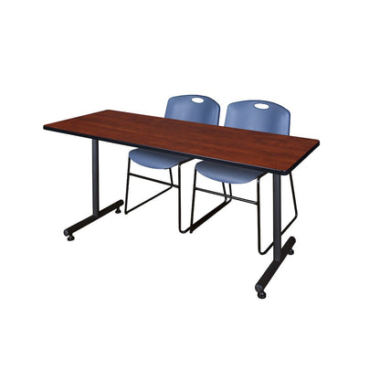 72 x 24 in. T-Base Training Seminar Table- Cherry, 2 Zeng Stack Chairs- Blue