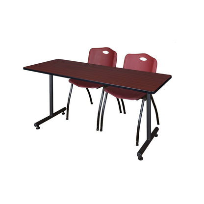 72 x 24 in. T-Base Training Seminar Table- Mahogany, 2 M Stack Chairs- Burgundy