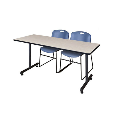 72 x 24 in. T-Base Training Seminar Table- Maple, 2 Zeng Stack Chairs- Blue