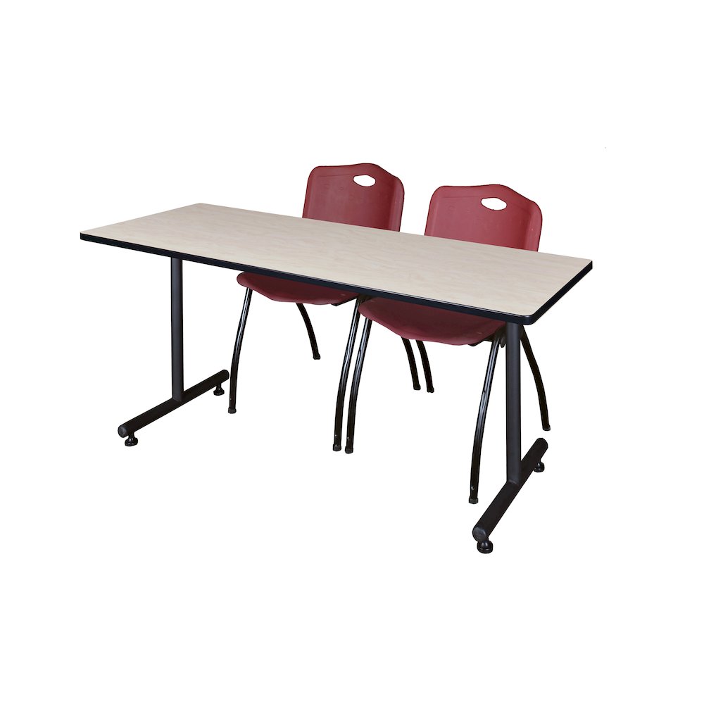 72 x 24 in. T-Base Training Seminar Table- Maple, 2 M Stack Chairs- Burgundy