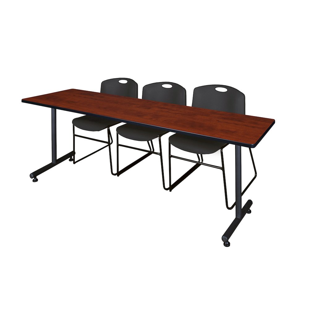84 x 24 in. T-Base Training Seminar Table- Cherry, 2 Zeng Stack Chairs- Black