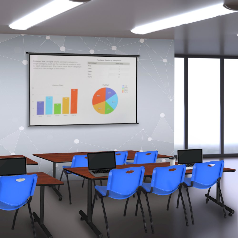 84 x 24 in. T-Base Training Seminar Table- Cherry, 2 M Stack Chairs- Blue