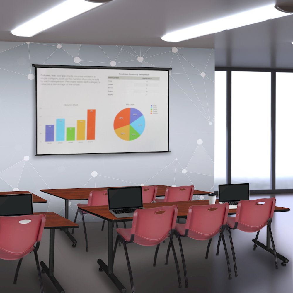 84 x 24 in. T-Base Training Seminar Table- Cherry, 2 M Stack Chairs- Burgundy