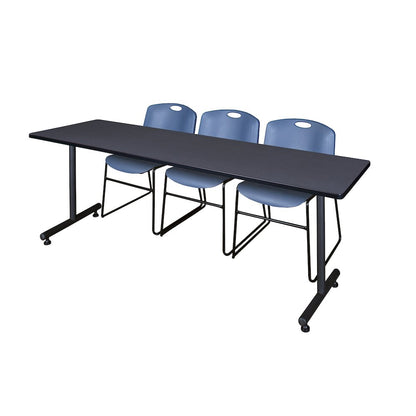 84 x 24 in. T-Base Training Seminar Table- Grey, 2 Zeng Stack Chairs- Blue