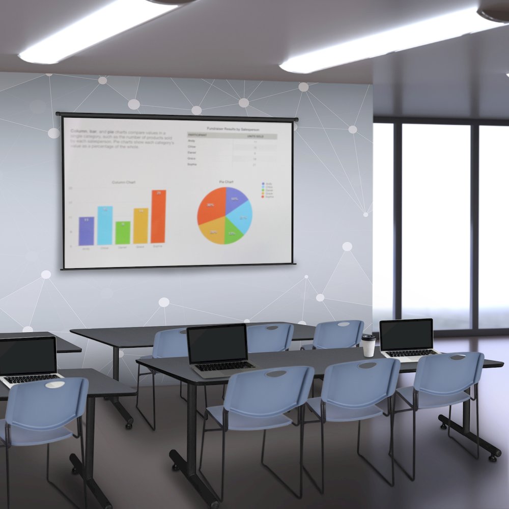 84 x 24 in. T-Base Training Seminar Table- Grey, 2 Zeng Stack Chairs- Blue