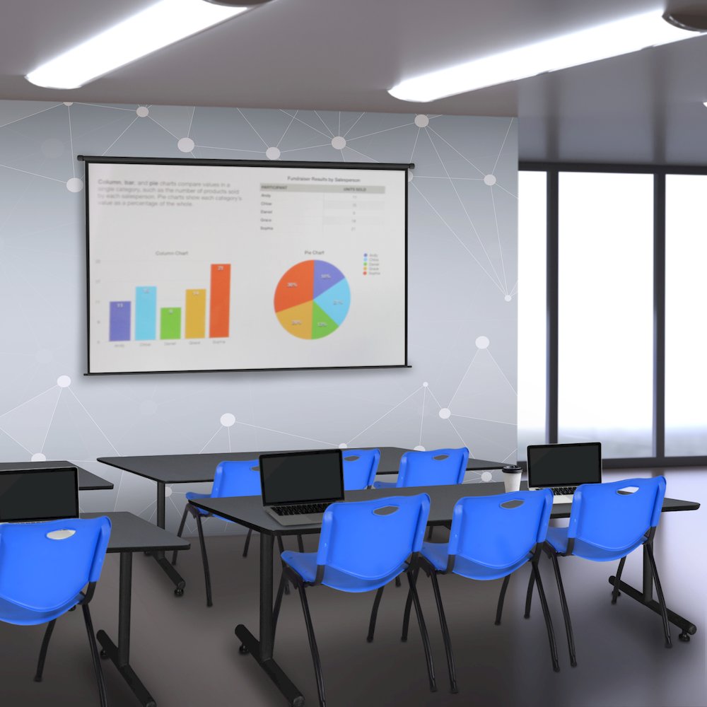 84 x 24 in. T-Base Training Seminar Table- Grey, 2 M Stack Chairs- Blue