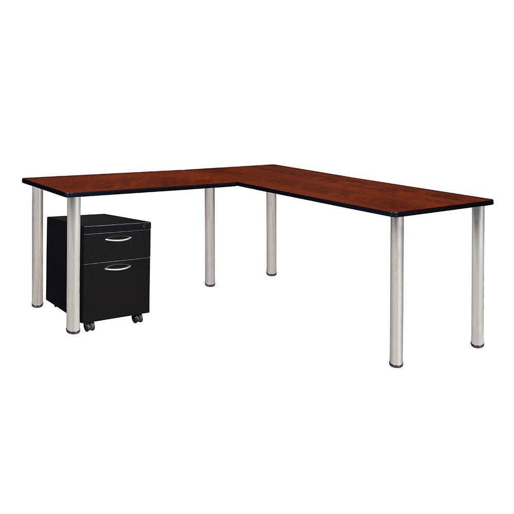 Kee 60" Single Pedestal L-Desk with 42" Return, Cherry/Chrome