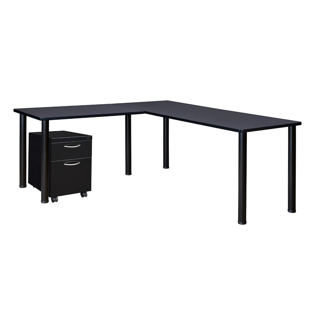 Kee 60" Single Pedestal L-Desk with 42" Return, Grey/Black