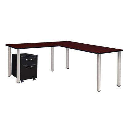 Kee 60" Single Pedestal L-Desk with 42" Return, Mahogany/Chrome