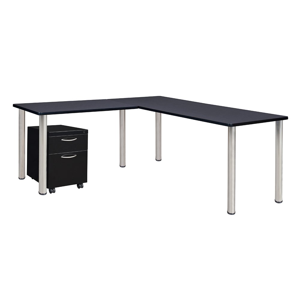 Kee 66" Single Pedestal L-Desk with 42" Return, Grey/Chrome