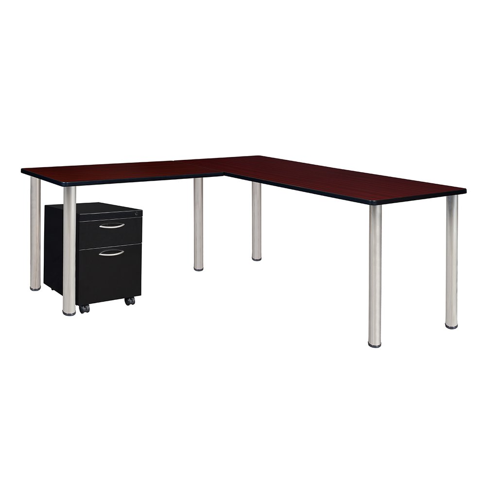 Kee 66" Single Pedestal L-Desk with 42" Return, Mahogany/Chrome