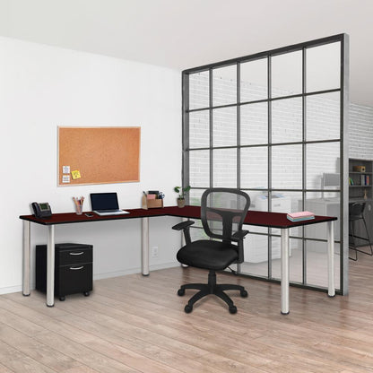 Kee 66" Single Pedestal L-Desk with 42" Return, Mahogany/Chrome