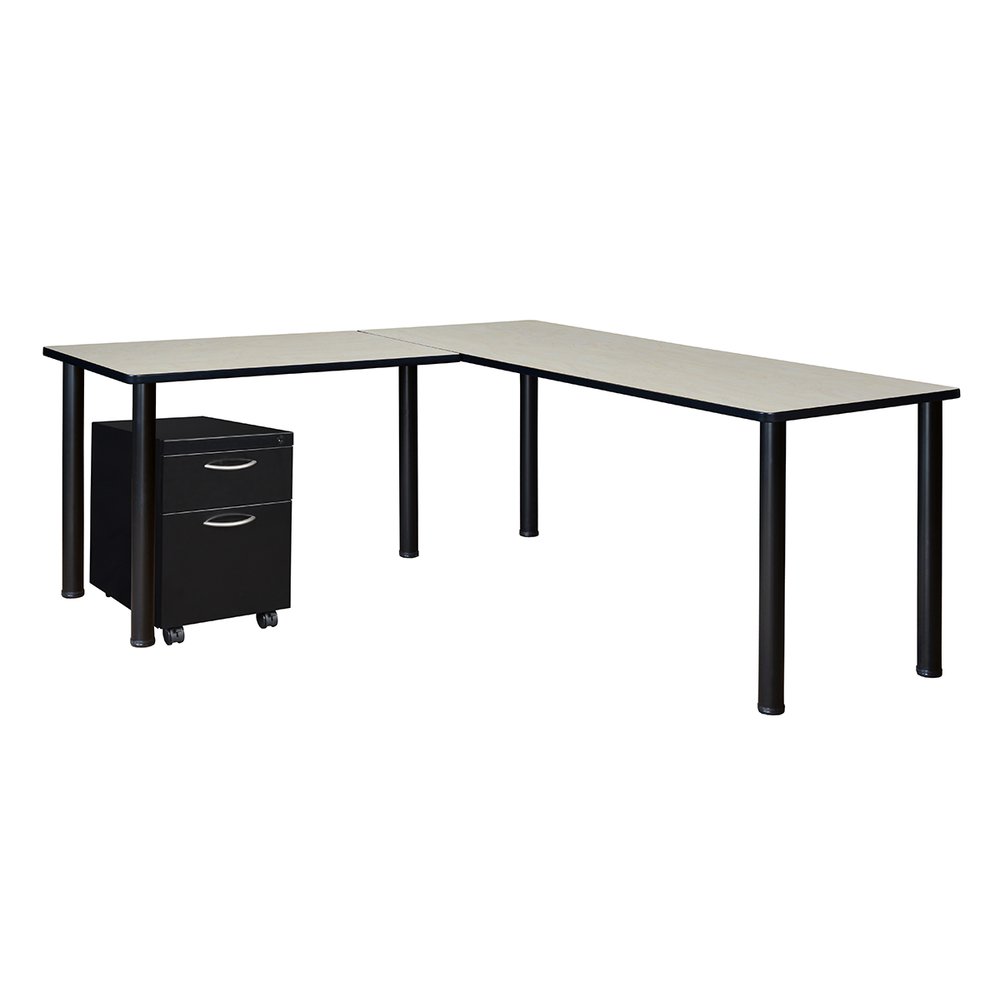 Kee 66" Single Pedestal L-Desk with 42" Return, Maple/Black