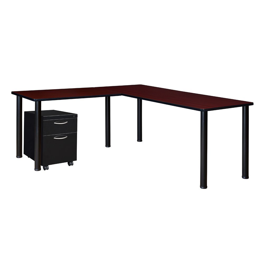 Kee 72" Single Pedestal L-Desk with 42" Return, Mahogany/Black