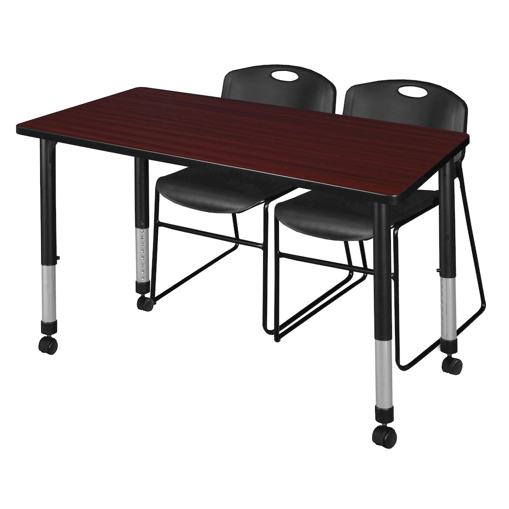48x24 Mobile Adjustable Classroom Table- Mahogany & 2 Zeng Stack Chairs- Black