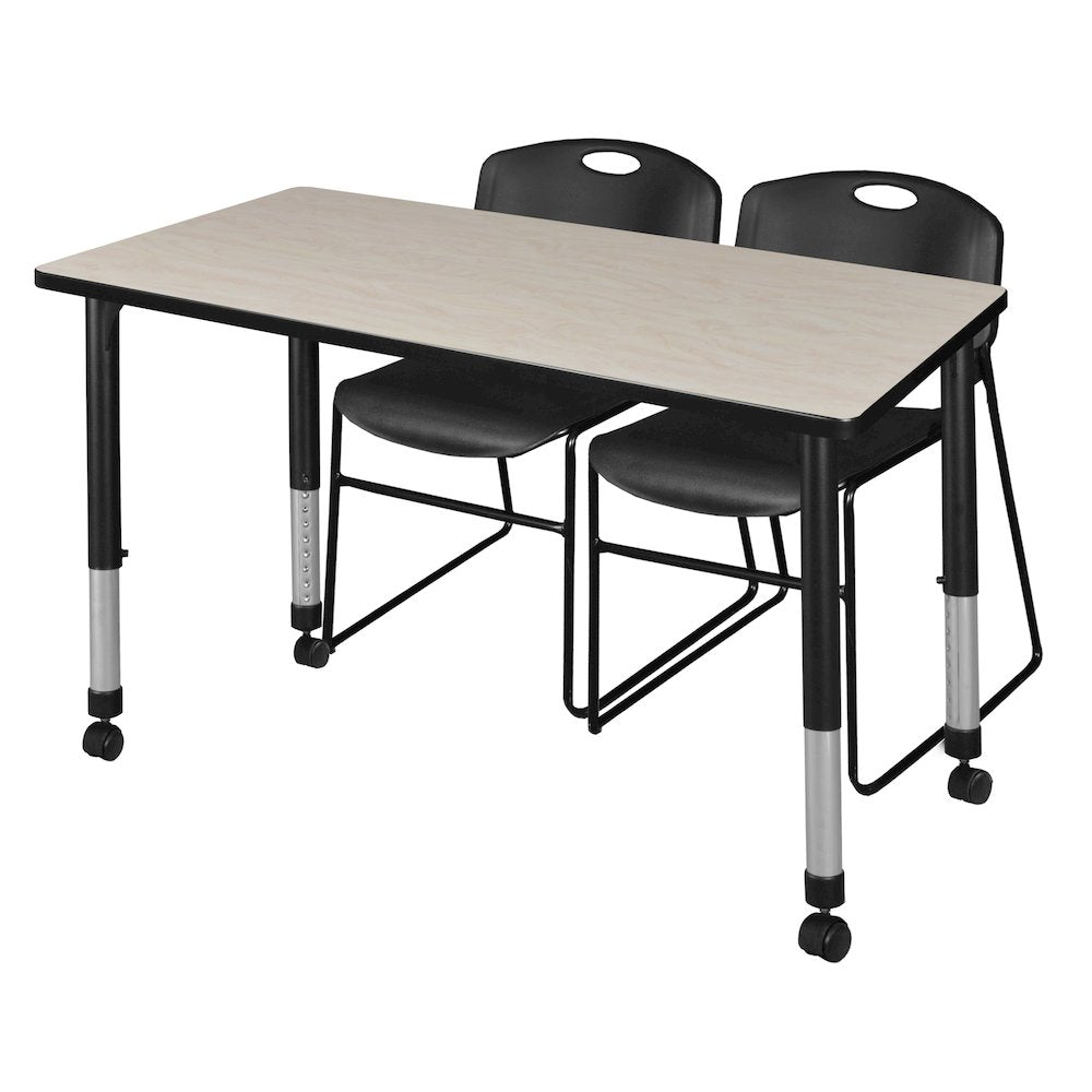 48x24 in. Mobile Adjustable Classroom Table- Maple & 2 Zeng Stack Chairs- Black