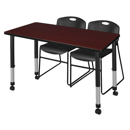 48x30 Mobile Adjustable Classroom Table- Mahogany & 2 Zeng Stack Chairs- Black