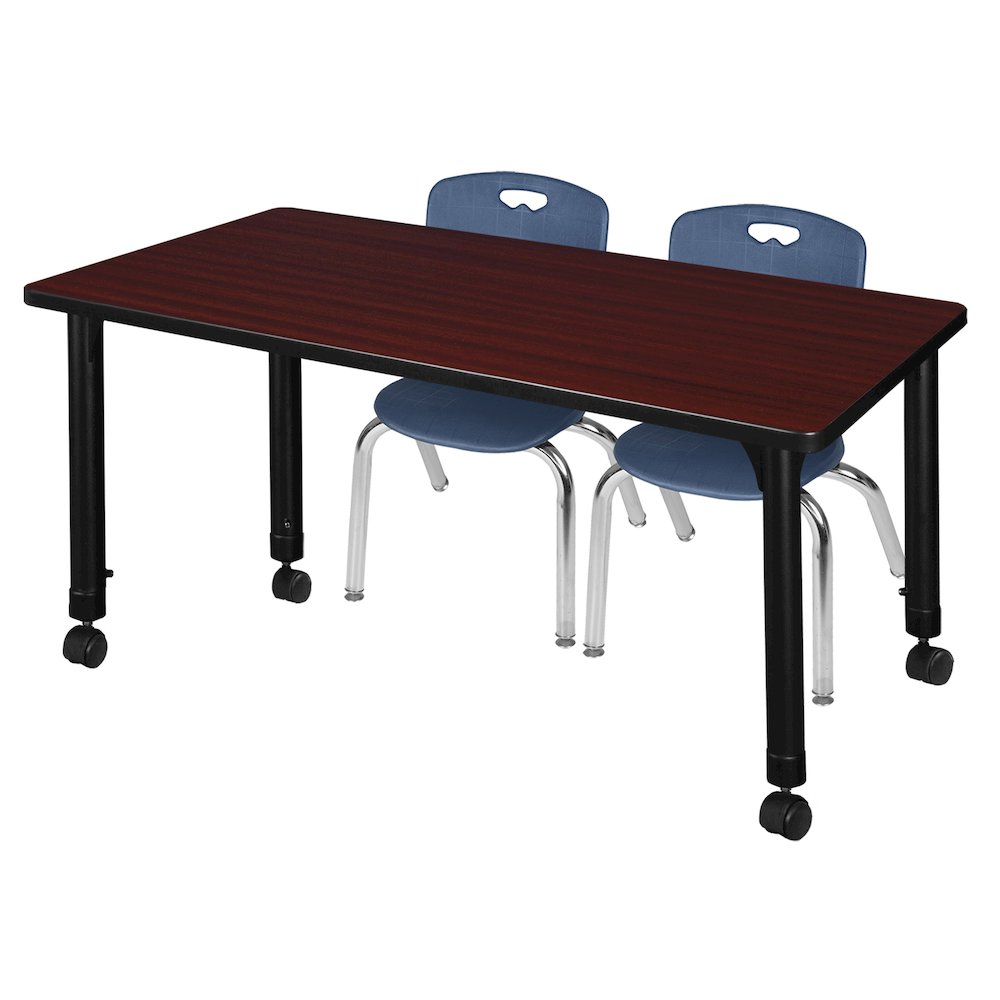 48x30 Mobile Adjustable Classroom Table- Mahogany & 2 Andy 12 Stack Chairs- Blue