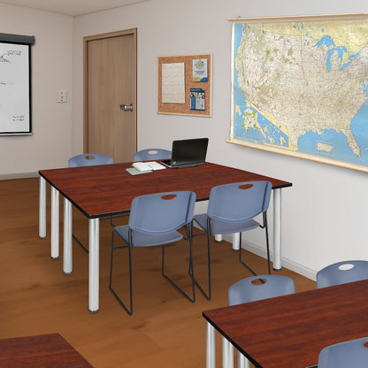 60 x 24 in. Training Table- Cherry Top, Chrome Legs & 2 Zeng Chairs- Blue
