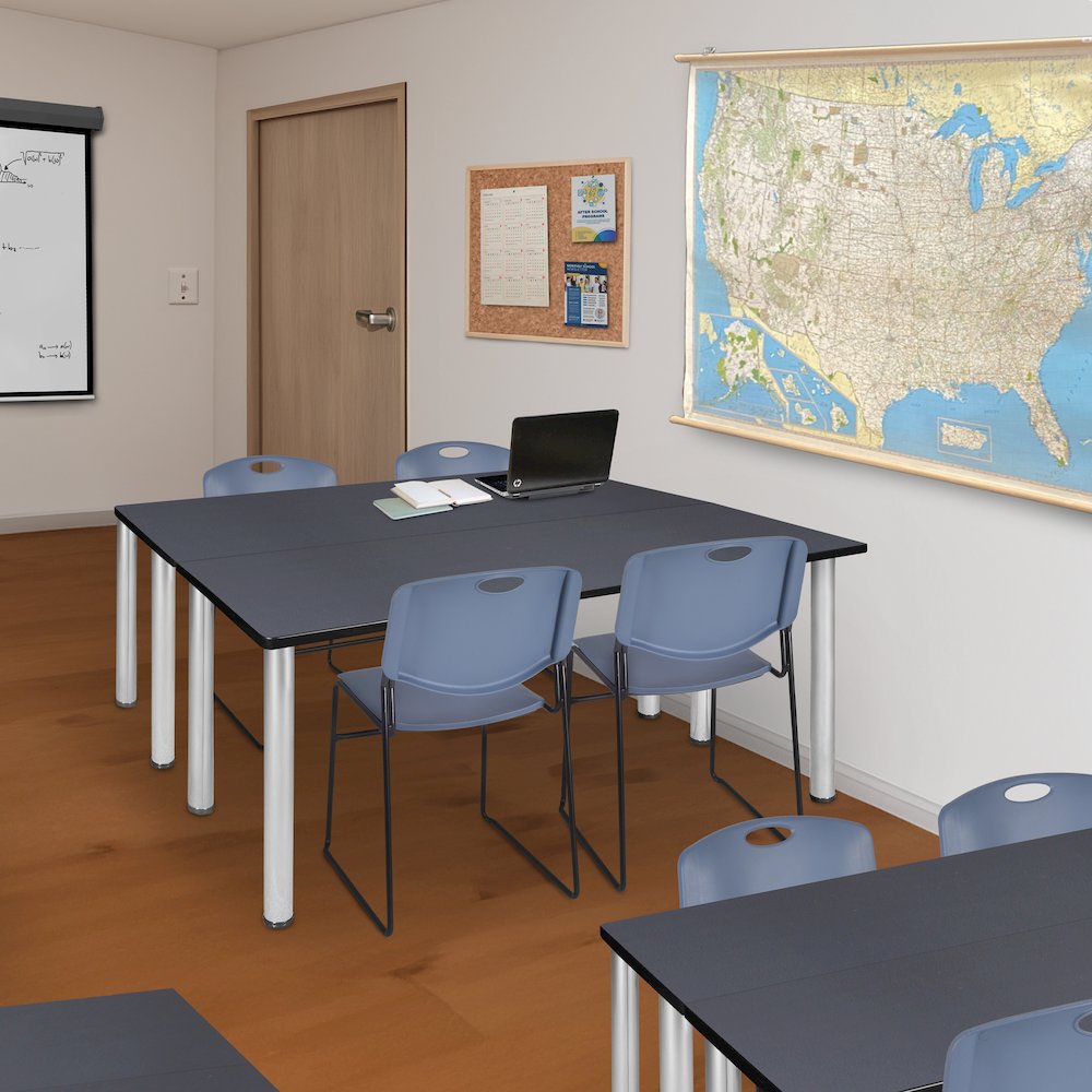 60 x 24 in. Training Table- Grey Top, Chrome Legs & 2 Zeng Chairs- Blue
