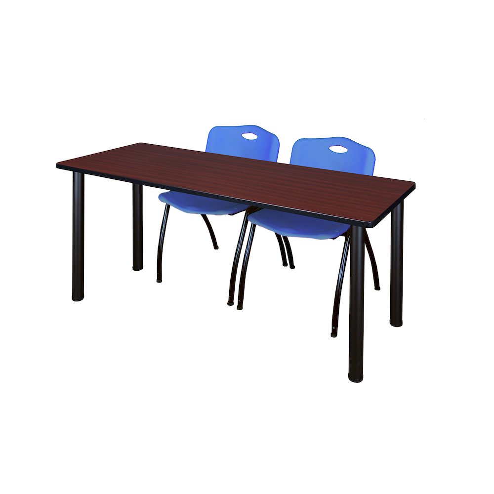 60 x 24 in. Training Table- Mahogany Top, Black Legs & 2 M Stack Chairs- Blue