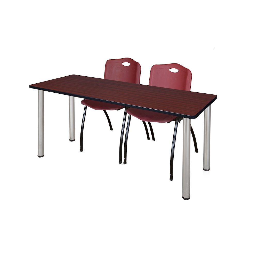 60x24 in. Training Table- Mahogany Top, Chrome Legs & 2 M Stack Chairs- Burgundy